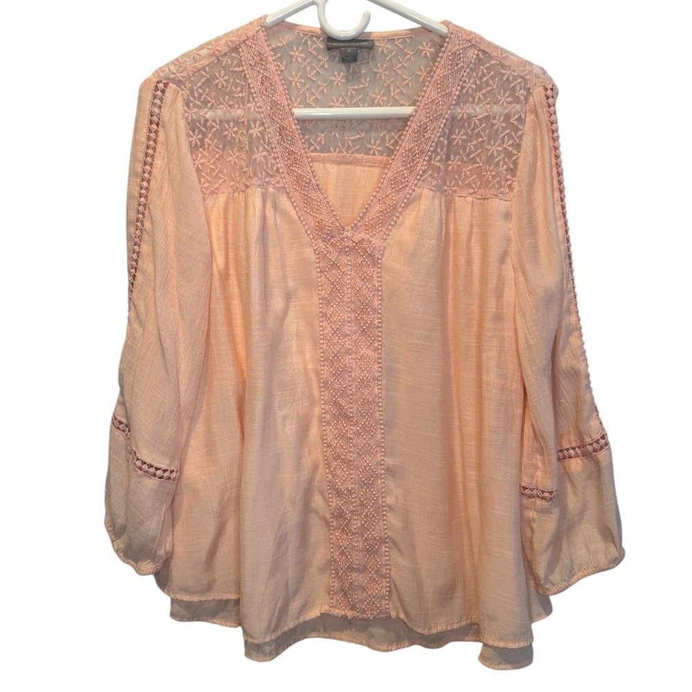 Style & Co Peach Lace Embroidered V-Neck Top Medium Boho Cottagecore Peasant